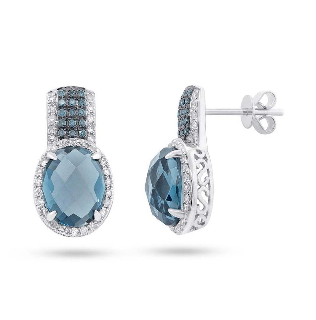 0.46 Ctw White And Treated Blue Diamond And 5.18 Ctw London Blue Topaz 14k White Gold Earring