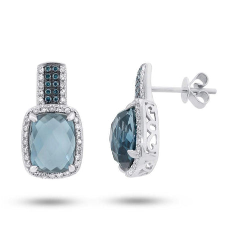 0.42 Ctw White And Treated Blue Diamond And 5.60 Ctw London Blue Topaz 14k White Gold Earring