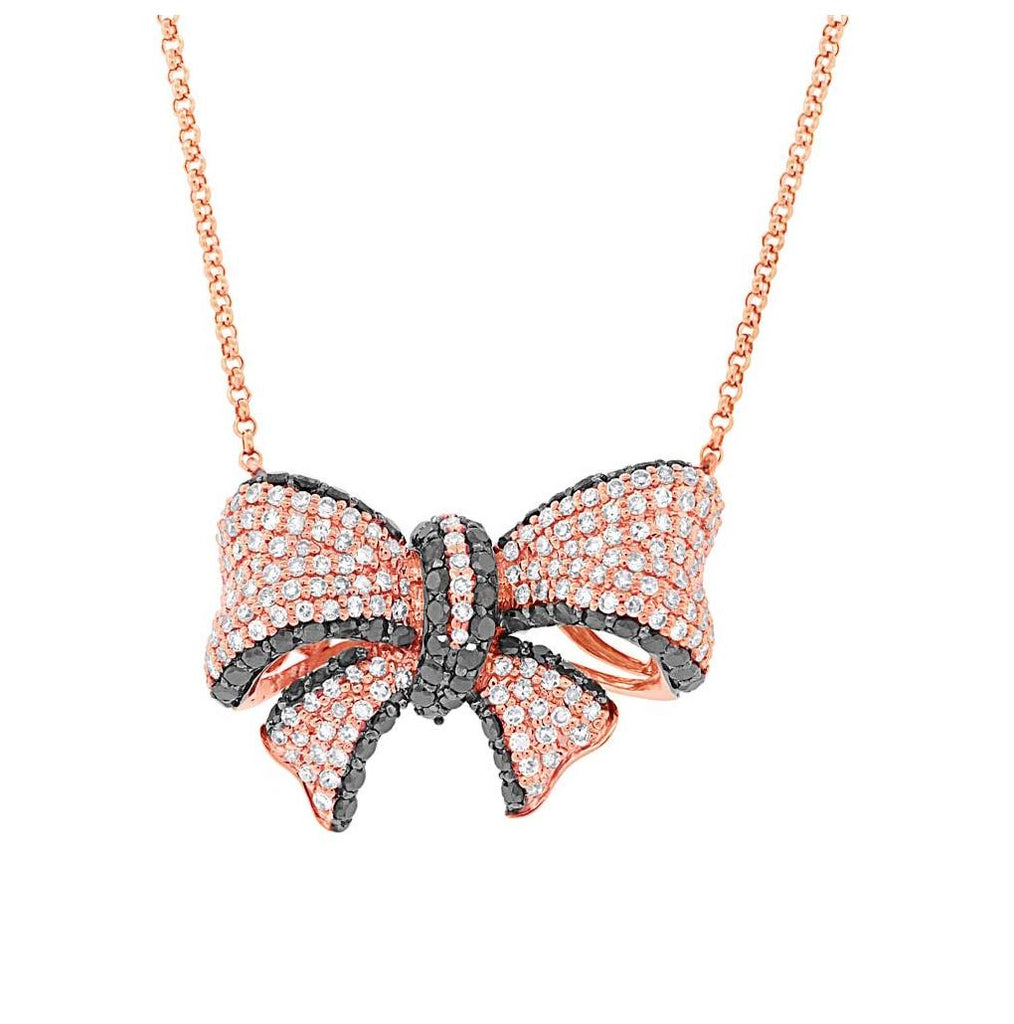 1.69 Ctw 14k Rose Gold Black And White Diamond Ribbon Bow Necklace