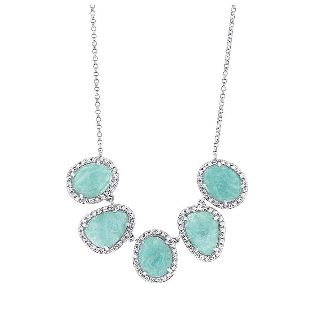 0.37 Ctw Diamond And 4.50 Ctw Amazonite 14k White Gold Necklace