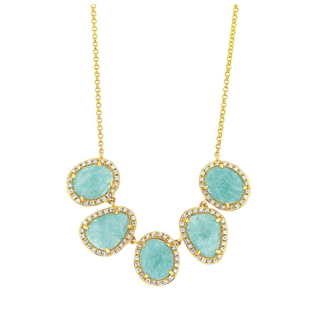 0.37 Ctw Diamond And 4.50 Ctw Amazonite 14k Yellow Gold Necklace