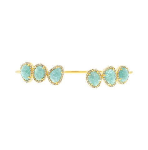 0.39 Ctw Diamond And 5.07 Ctw Amazonite 14k Yellow Gold Bangle Bracelet