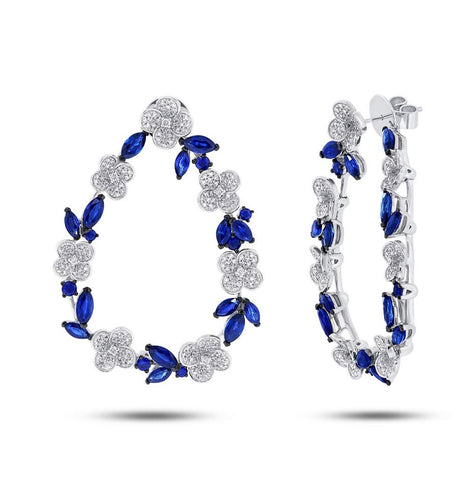 1.74 Ctw Diamond And 7.95 Ctw Blue Sapphire 14k White Gold Flower Earring