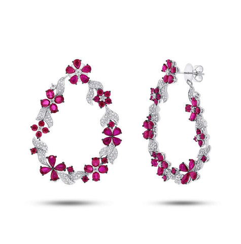 1.19 Ctw Diamond And 10.10 Ctw Ruby 14k White Gold Flower Earring