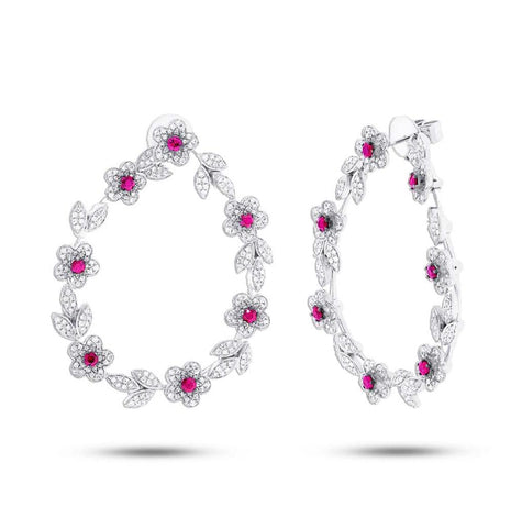 2.24 Ctw Diamond And 1.10 Ctw Ruby 14k White Gold Flower Earring