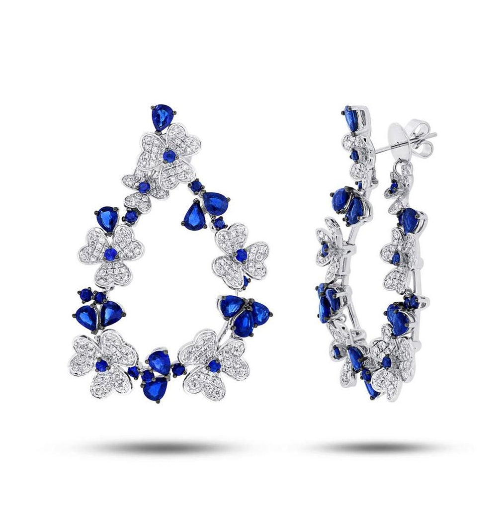 3.62 Ctw Diamond And 9.64 Ctw Blue Sapphire 14k White Gold Flower Earring