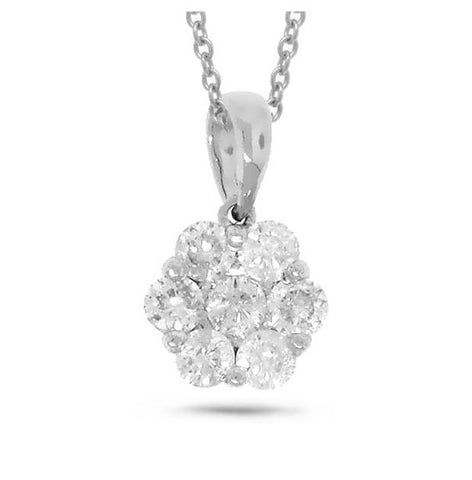 0.53 Ctw 18k White Gold Diamond Cluster Pendant Necklace With 18 Inch Chain