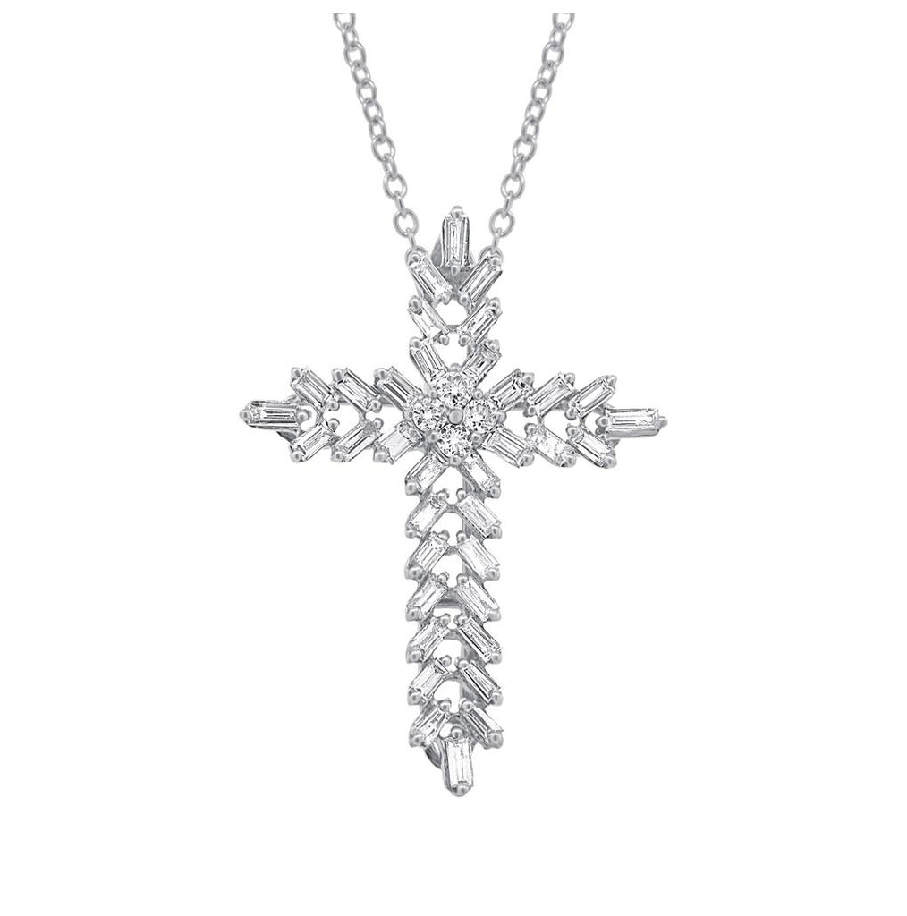 0.50 Ctw 18k White Gold Diamond Baguette Cross Pendant Necklace With 18 Inch Chain