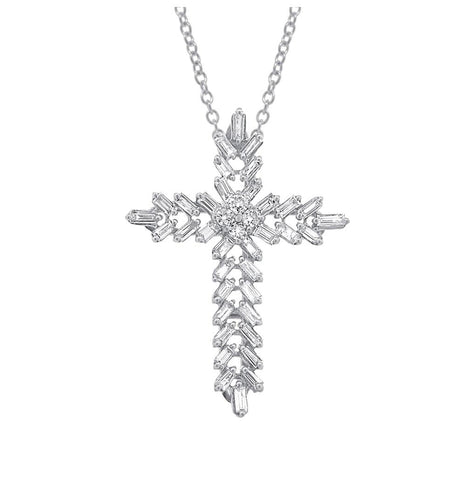 0.50 Ctw 18k White Gold Diamond Baguette Cross Pendant Necklace With 18 Inch Chain