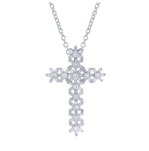 1.51 Ctw 18k White Gold Diamond Baguette Cross Pendant Necklace With 18 Inch Chain