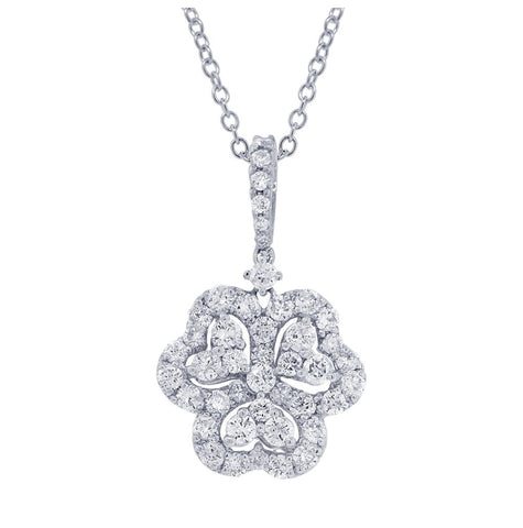 1.07 Ctw 18k White Gold Diamond Clover Pendant Necklace With 18 Inch Chain