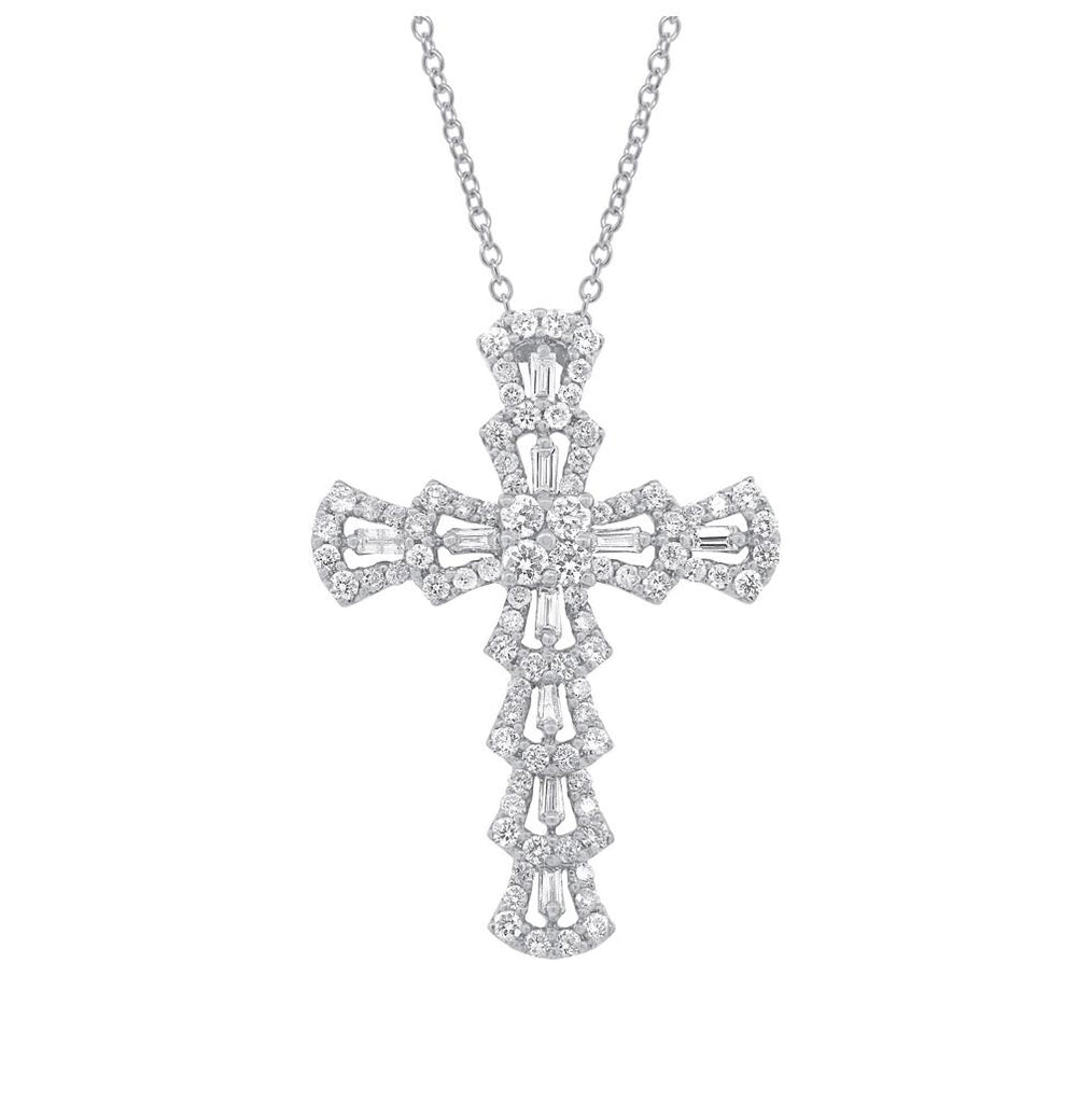 1.28 Ctw 18k White Gold Diamond Cross Pendant Necklace With 18 Inch Chain