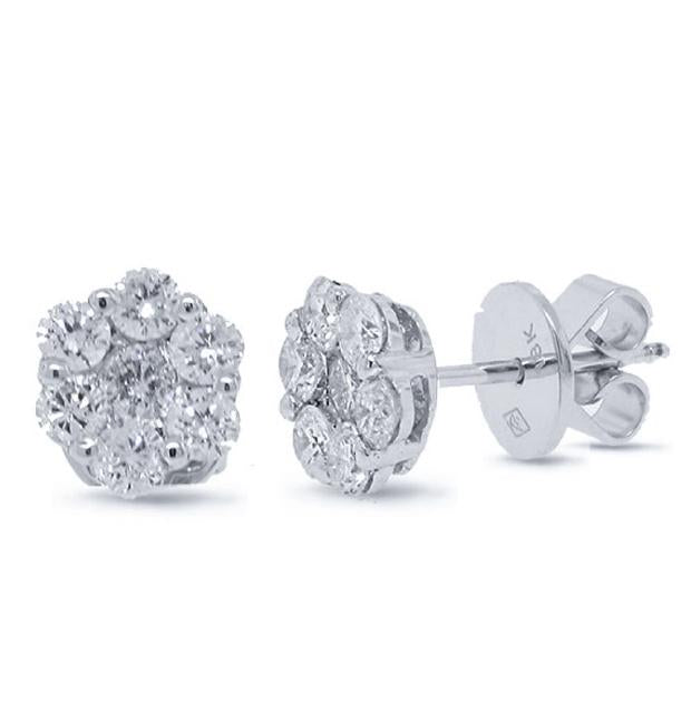 1.10 Ctw 18k White Gold Diamond Cluster Stud Earring