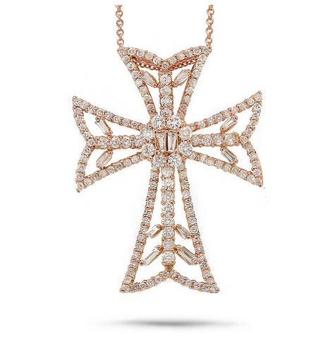 2.34 Ctw 18k Rose Gold Diamond Cross Pendant Necklace With 18 Inch Chain