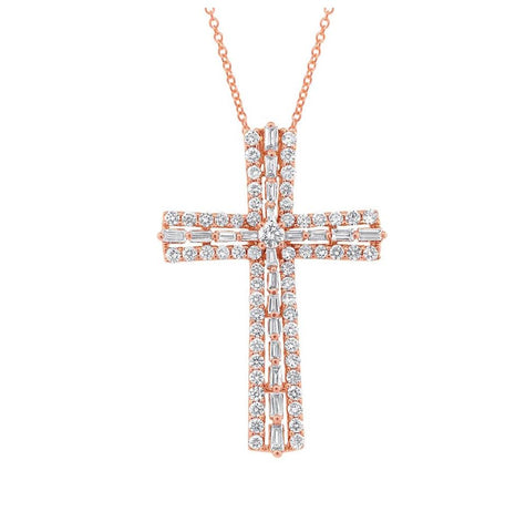 1.12 Ctw 18k Rose Gold Diamond Cross Pendant Necklace With 18 Inch Chain