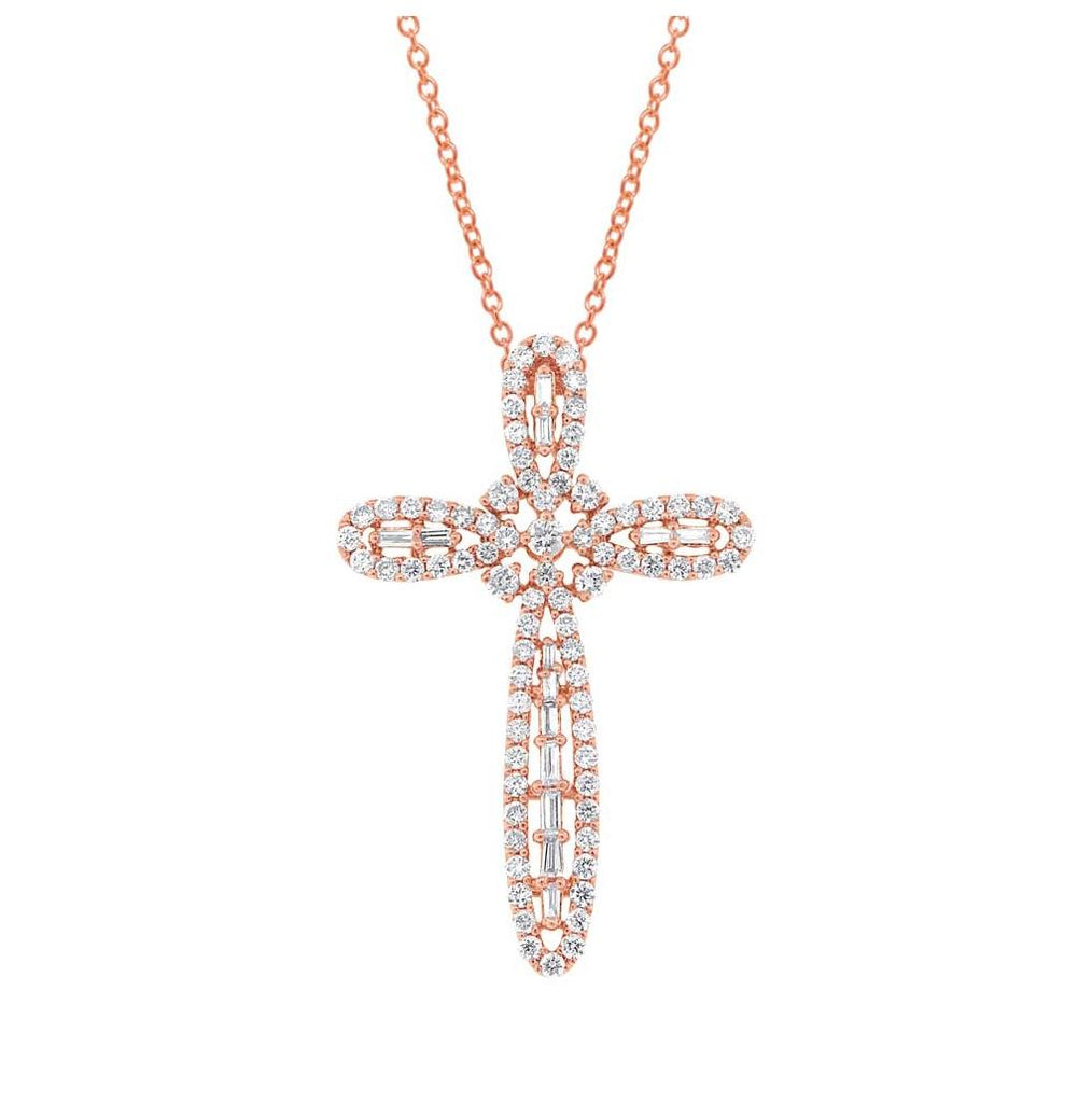 1.17 Ctw 18k Rose Gold Diamond Cross Pendant Necklace With 18 Inch Chain