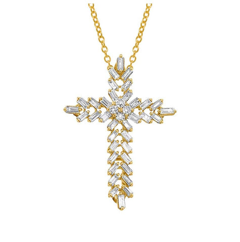 0.50 Ctw 18k Yellow Gold Diamond Baguette Cross Pendant Necklace With 18 Inch Chain