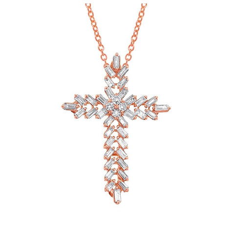 0.50 Ctw 18k Rose Gold Diamond Baguette Cross Pendant Necklace With 18 Inch Chain