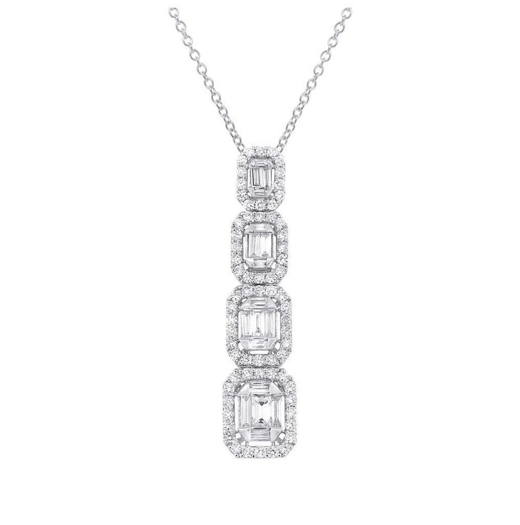 18k White Gold Diamond Baguette Pendant Necklace With 18 Inch Chain