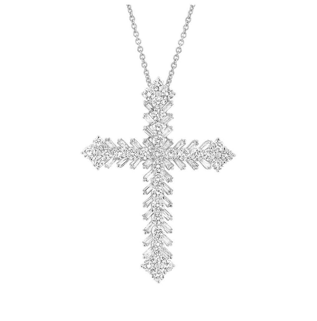 3.01 Ctw 18k White Gold Diamond Baguette Cross Pendant Necklace With 18 Inch Chain