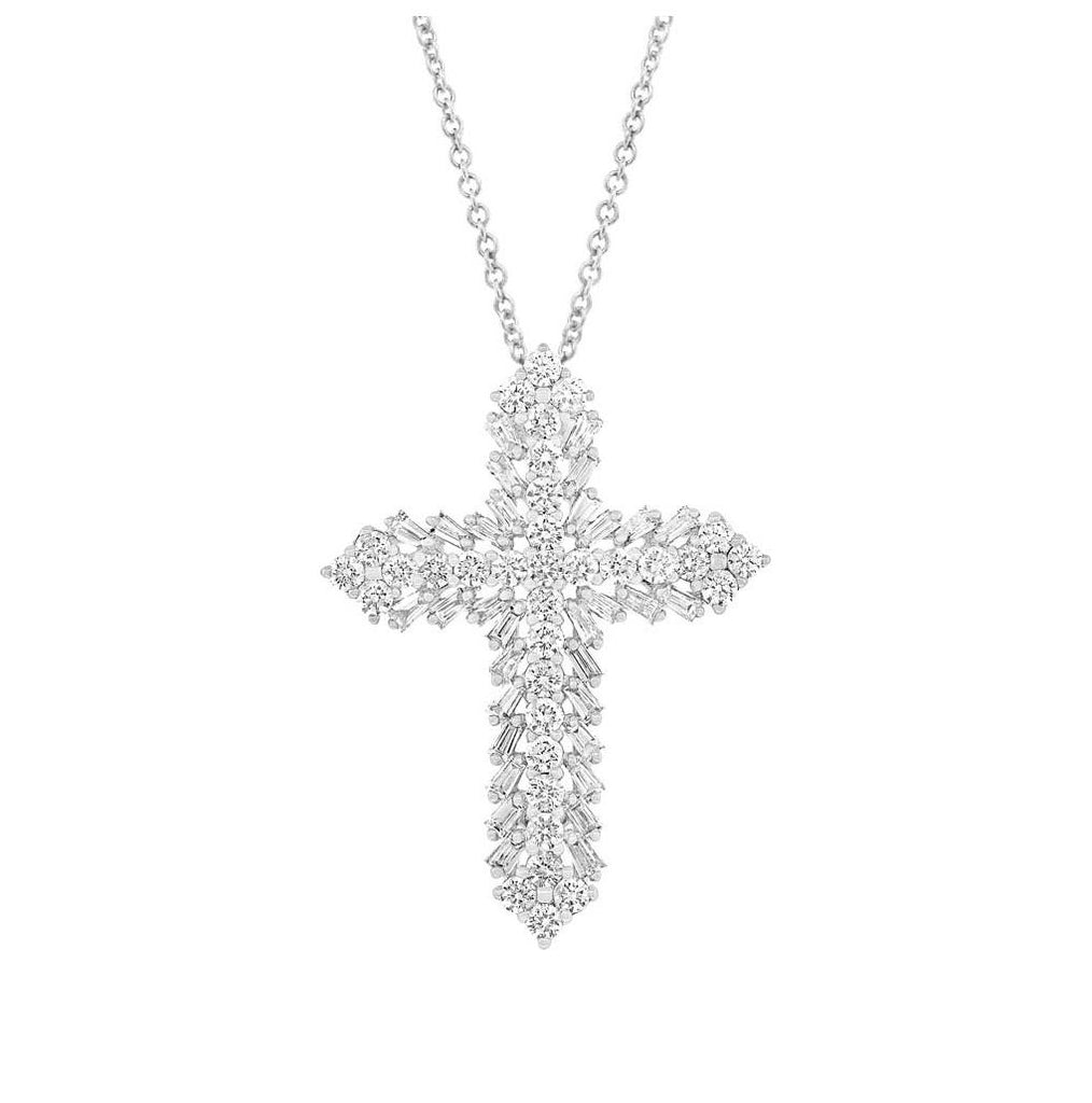 1.30 Ctw 18k White Gold Diamond Baguette Cross Pendant Necklace With 18 Inch Chain