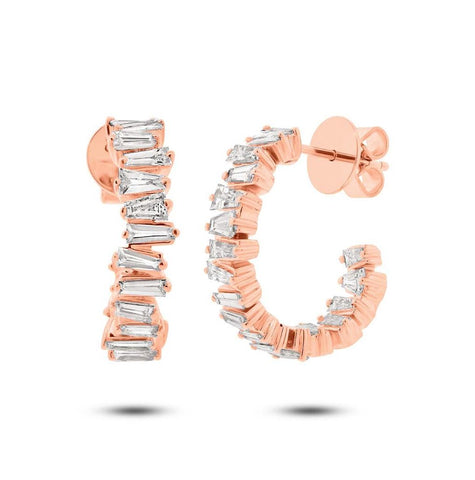 1.52 Ctw 14k Rose Gold Diamond Baguette Hoop Earring