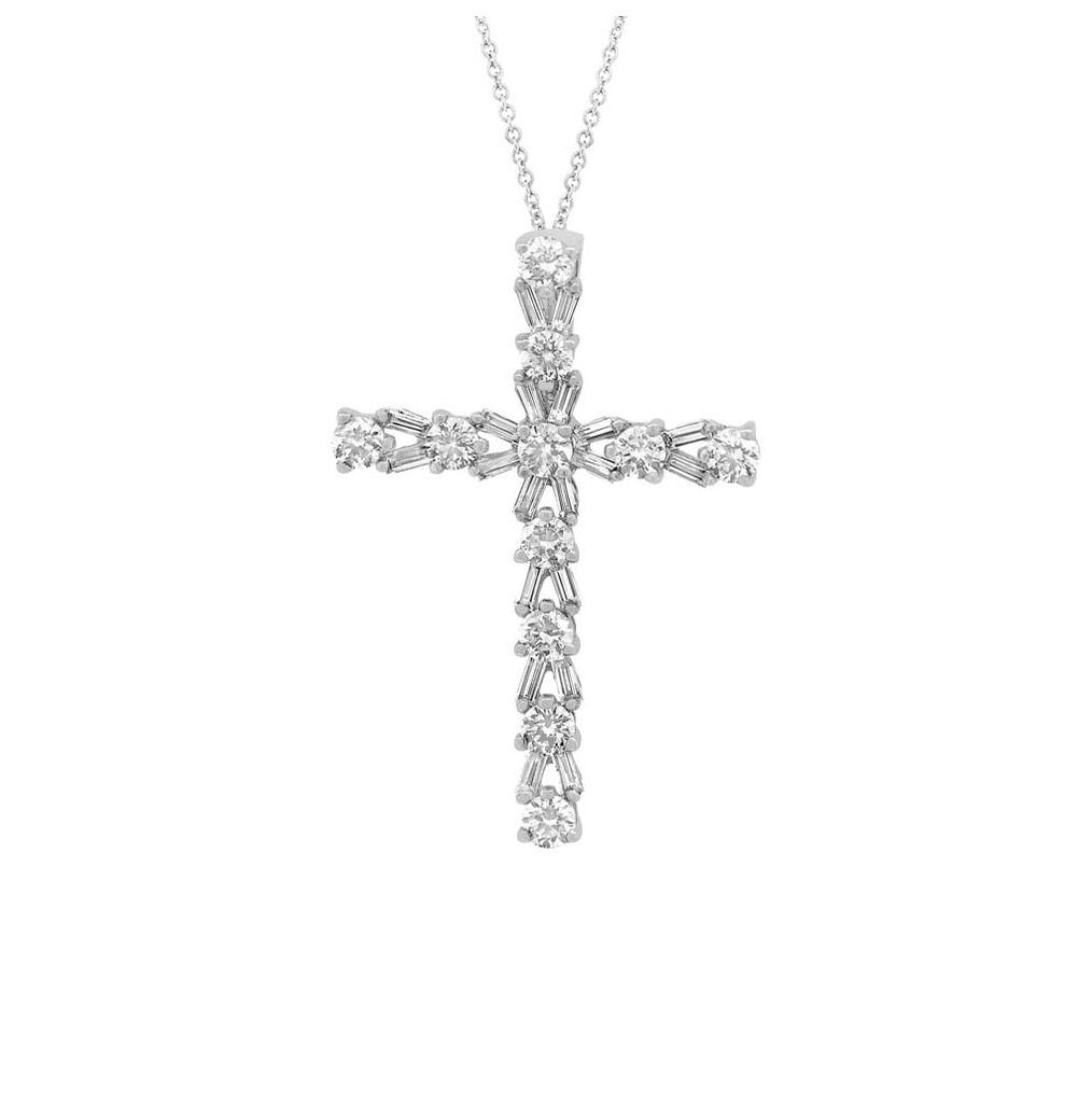 1.05 Ctw 18k White Gold Diamond Baguette Cross Pendant Necklace With 18 Inch Chain