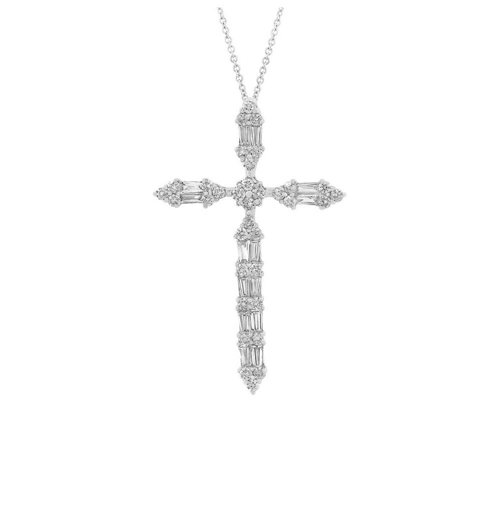 1.02 Ctw 18k White Gold Diamond Baguette Cross Pendant Necklace With 18 Inch Chain