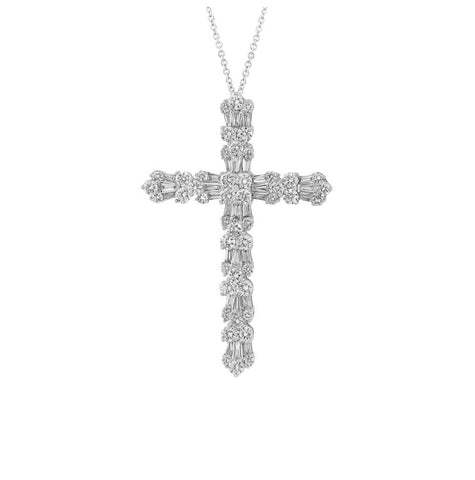 2.79 Ctw 18k White Gold Diamond Baguette Cross Pendant Necklace With 18 Inch Chain