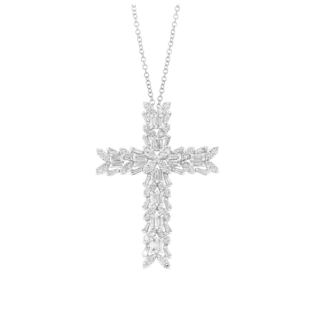 1.72 Ctw 18k White Gold Diamond Baguette Cross Pendant Necklace With 18 Inch Chain