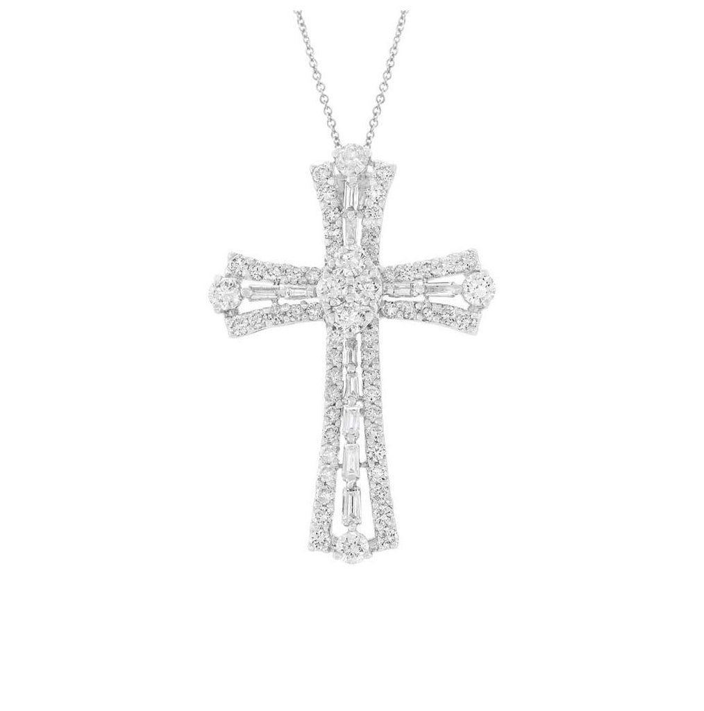 1.24 Ctw 18k White Gold Diamond Baguette Cross Pendant Necklace With 18 Inch Chain