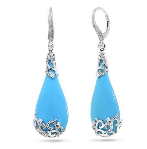 0.67 Ctw Diamond And 37.23 Ctw Composite Turquoise 14k White Gold Earring