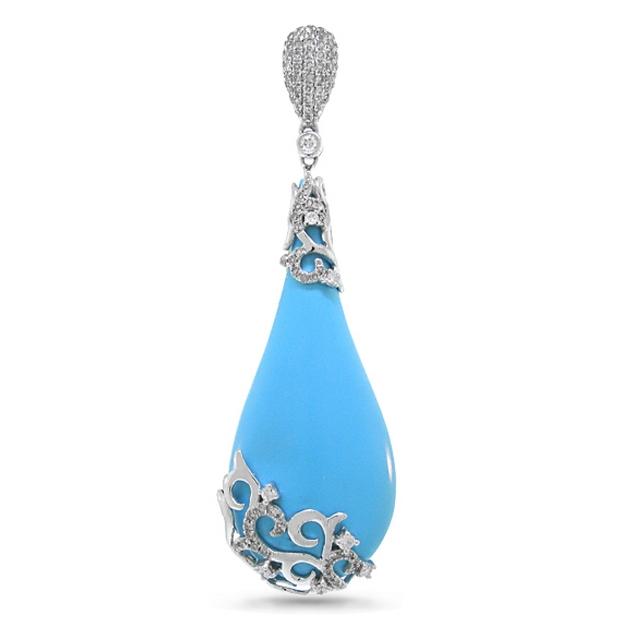 0.63 Ctw Diamond And 31.21 Ctw Composite Turquoise 14k White Gold Pendant Necklace With 18 Inch Chain