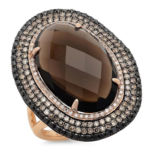 1.32 Ctw White, Champagne And Black Diamond And 12.05 Ctw Smokey Topaz 14k Rose Gold Ring