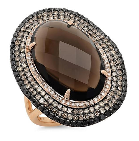 1.32 Ctw White, Champagne And Black Diamond And 12.05 Ctw Smokey Topaz 14k Rose Gold Ring