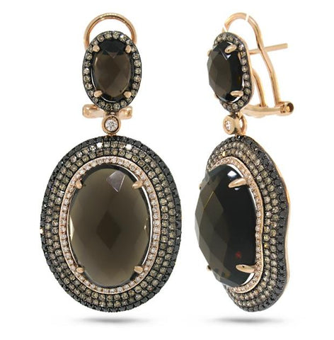 2.28 Ctw White, Champagne And Black Diamond And 21.55 Ctw Smokey Topaz 14k Rose Gold Earring