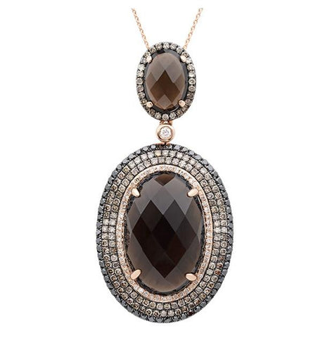 1.52 Ctw White, Champagne And Black Diamond And 14.18 Ctw Smokey Topaz 14k Rose Gold Pendant Necklace With 18 Inch Chain