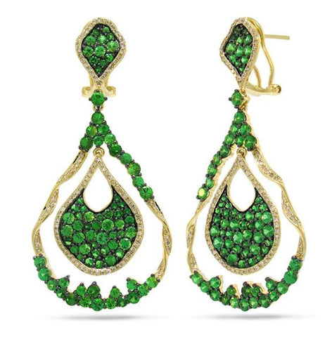 1.00 Ctw Diamond And 6.51 Ctw Green Garnet 14k Yellow Gold Earring