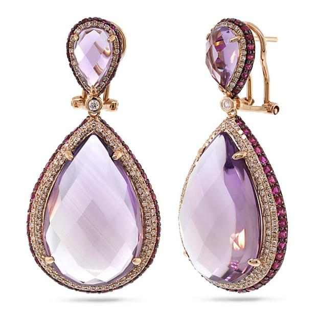 1.15 Ctw Diamond And 41.99 Ctw Amethyst And Pink Sapphire 14k Rose Gold Earring