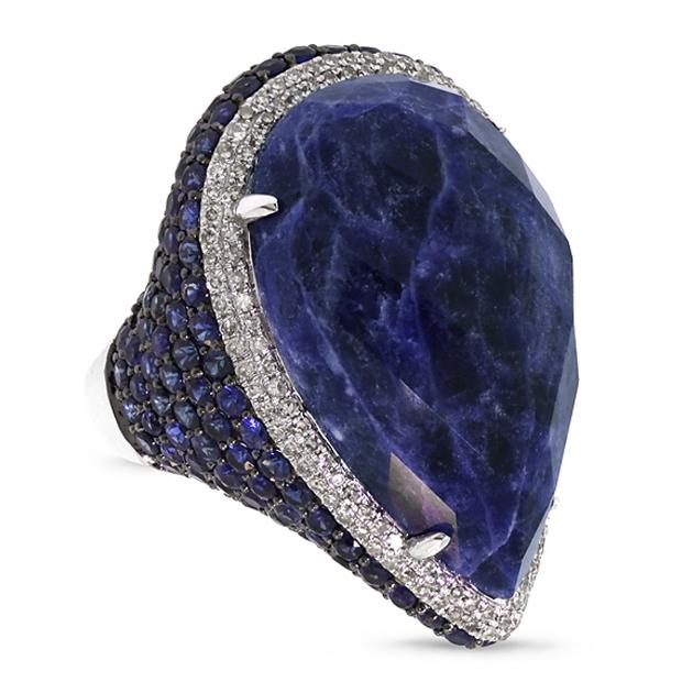 0.62 Ctw Diamond And 29.65 Ctw Sodalite And Blue Sapphire 14k White Gold Ring
