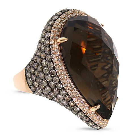 4.18 Ctw White And Champagne Diamond And 27.13 Ctw Smokey Topaz 18k Rose Gold Ring