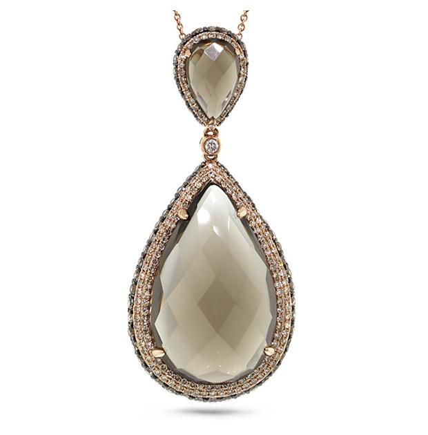 2.02 Ctw White And Champagne Diamond And 28.45 Ctw Smokey Topaz 14k Rose Gold Pendant Necklace With 18 Inch Chain