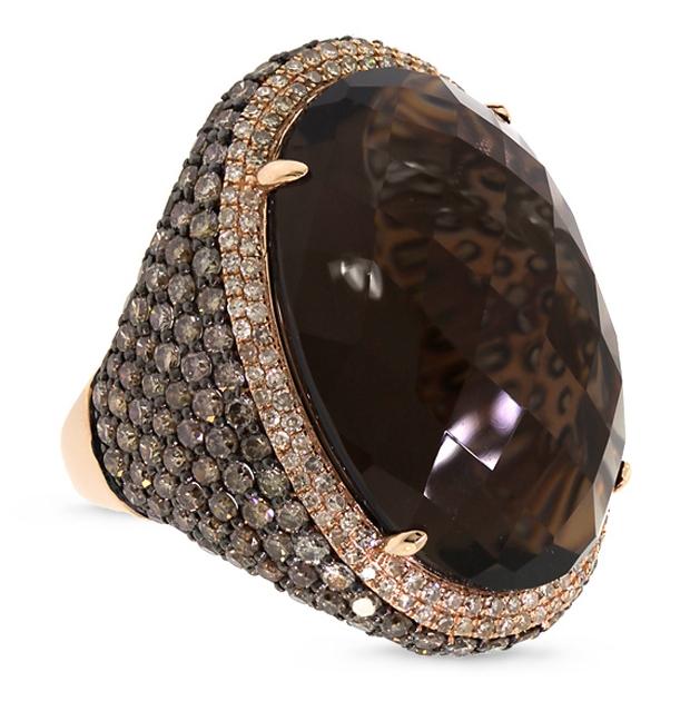 4.41 Ctw White And Champagne Diamond And 29.47 Ctw Smokey Topaz 14k Rose Gold Ring