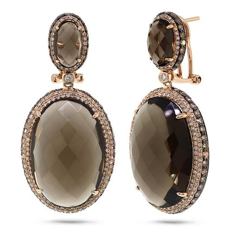 3.33 Ctw White And Champagne Diamond And 41.42 Ctw Smokey Topaz 14k Rose Gold Earring