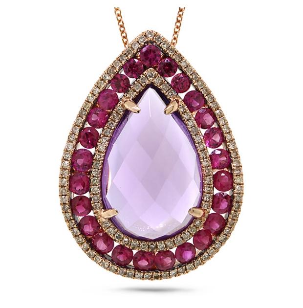 0.49 Ctw Diamond And 11.40 Ctw Amethyst And Pink Sapphire 14k Rose Gold Pendant Necklace With 18 Inch Chain