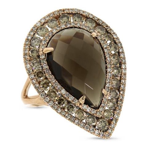 2.07 Ctw White And Champagne Diamond And 7.80 Ctw Smokey Topaz 14k Rose Gold Ring