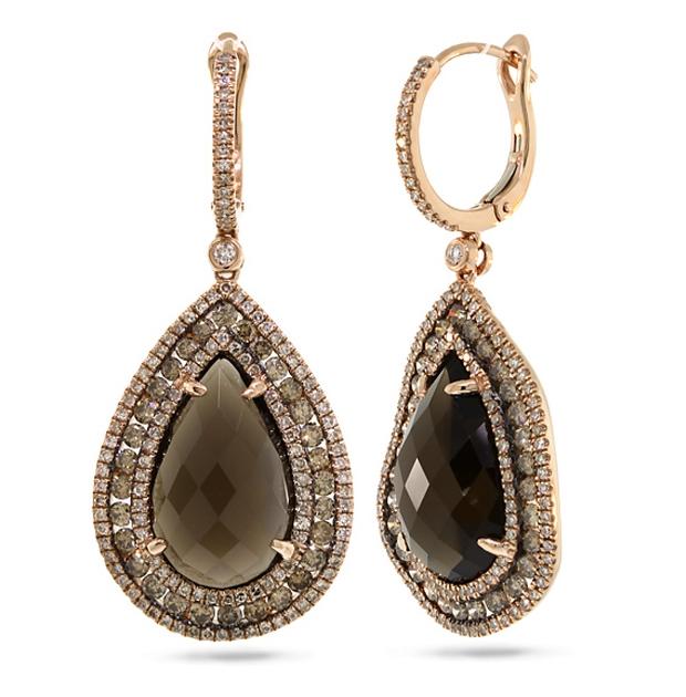 2.65 Ctw White And Champagne Diamond And 13.41 Ctw Smokey Topaz 14k Rose Gold Earring