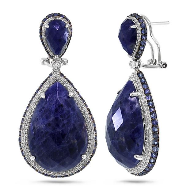 1.15 Ctw Diamond And 37.56 Ctw Sodalite And Blue Sapphire 14k White Gold Earring