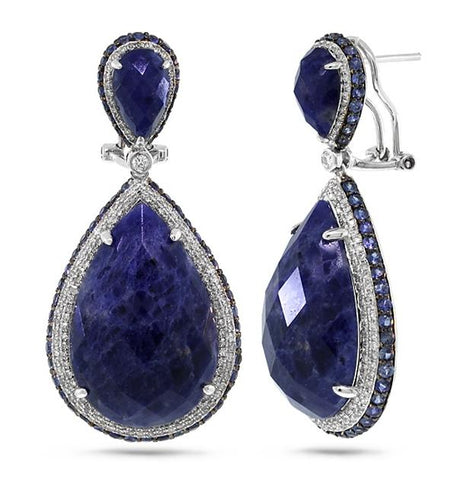 1.15 Ctw Diamond And 37.56 Ctw Sodalite And Blue Sapphire 14k White Gold Earring