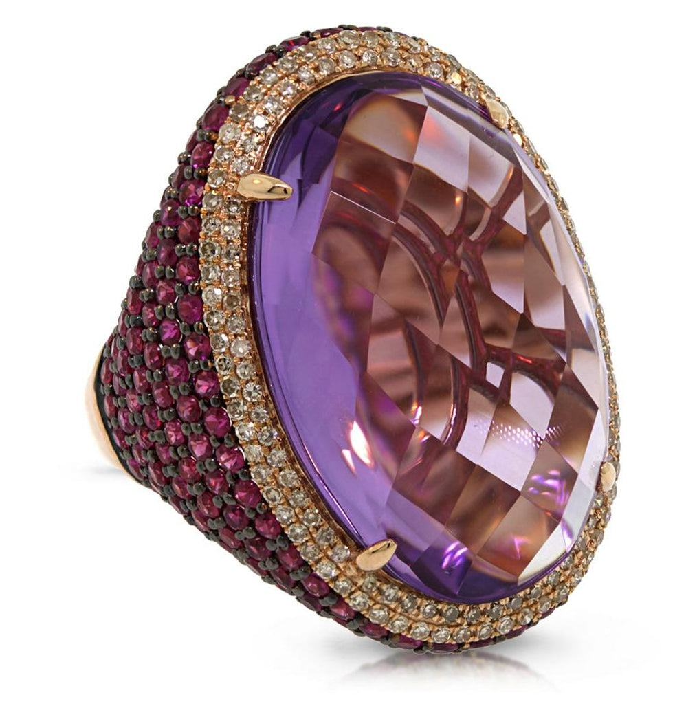 0.59 Ctw Diamond And 29.34 Ctw Amethyst And Pink Sapphire 14k Rose Gold Ring Size 9.5